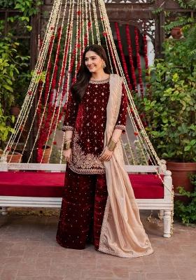 Maroon Embroidery Velvet Salwar Kameez