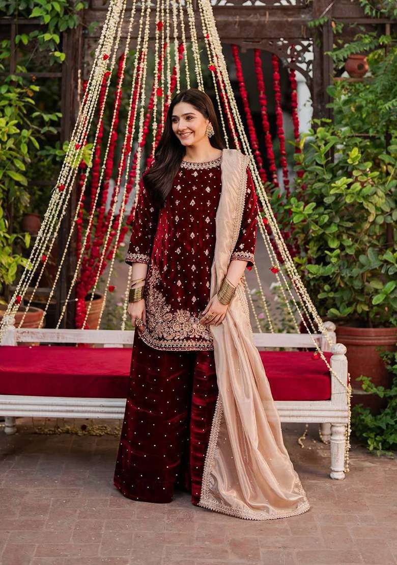 Maroon Embroidered Velvet Sharara Set - Indya