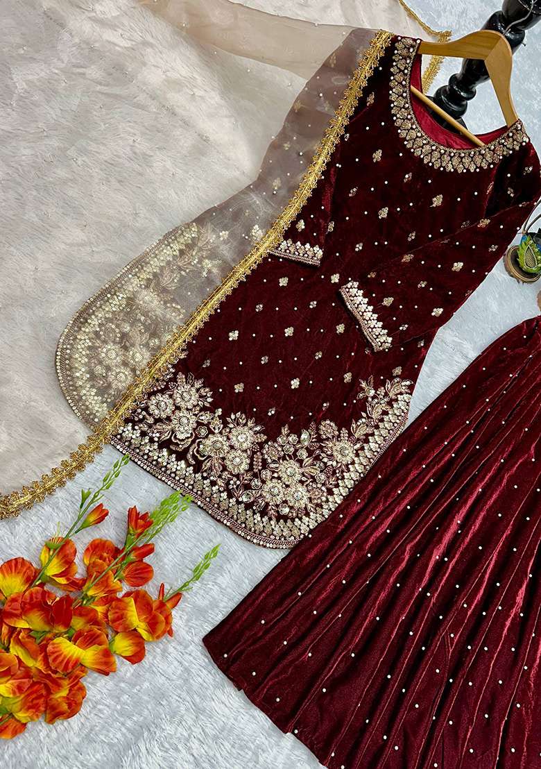 Maroon Embroidered Velvet Sharara Set - Indya