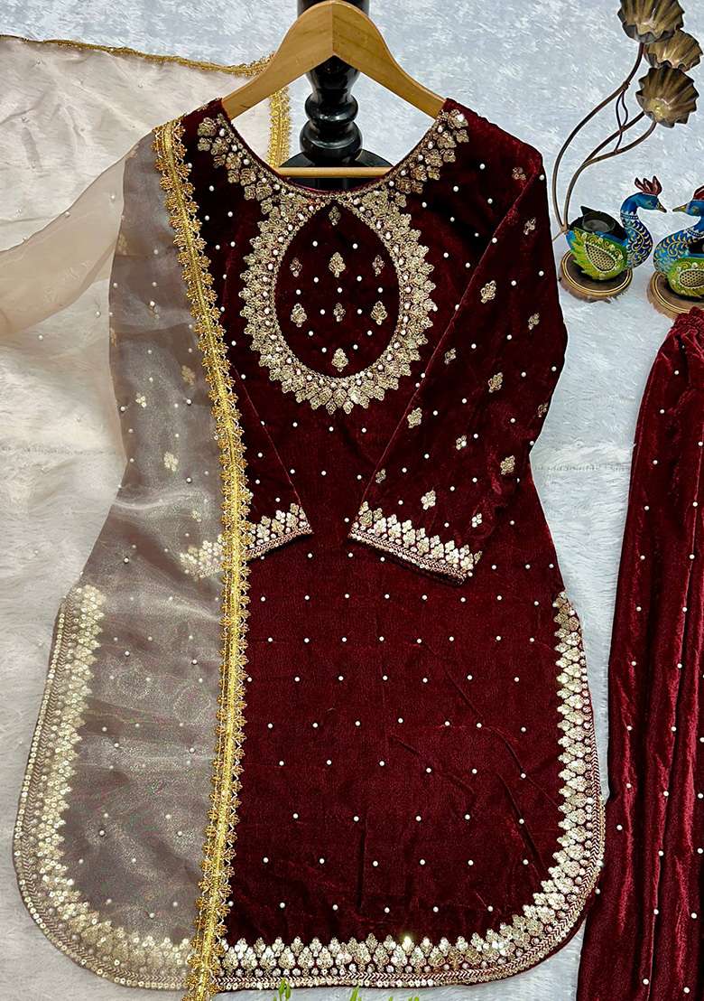 Maroon Embroidered Velvet Sharara Set - Indya