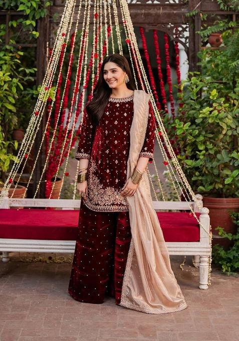 Maroon Embroidery Velvet Salwar Kameez