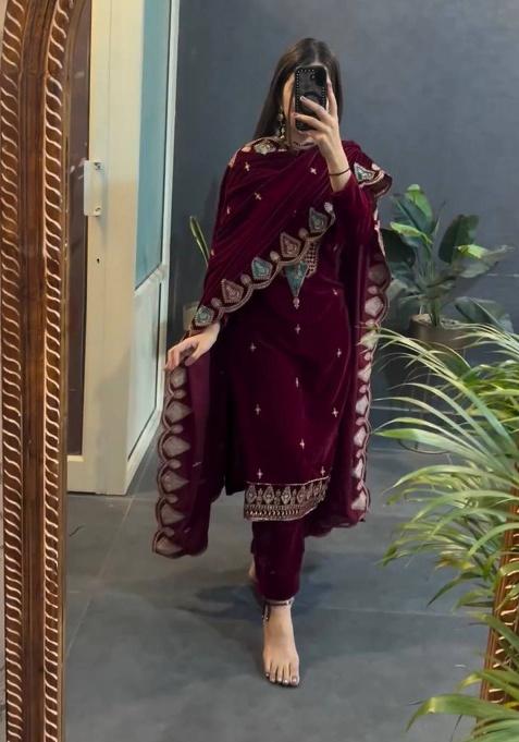 Maroon Embroidery Velvet Salwar Kameez