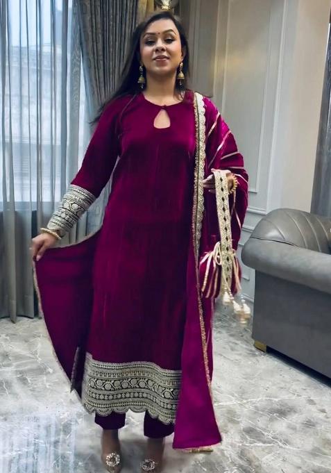 Rani Pink Embroidery Velvet Salwar Kameez