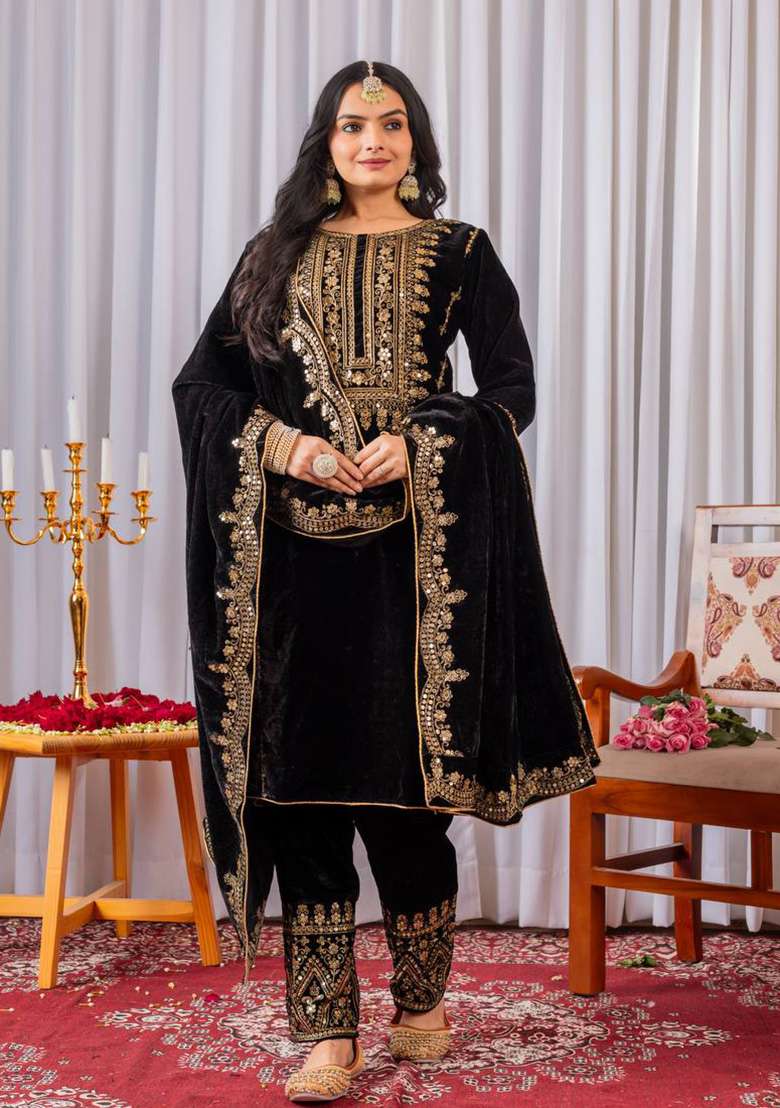 Black Embroidered Velvet Pakistani Suit Set - Indya
