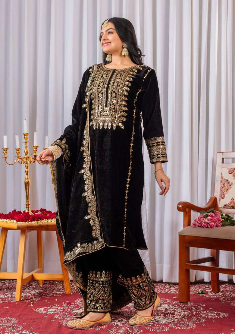 Black Embroidered Velvet Pakistani Suit Set - Indya