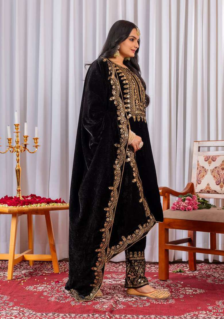 Black Embroidered Velvet Pakistani Suit Set - Indya