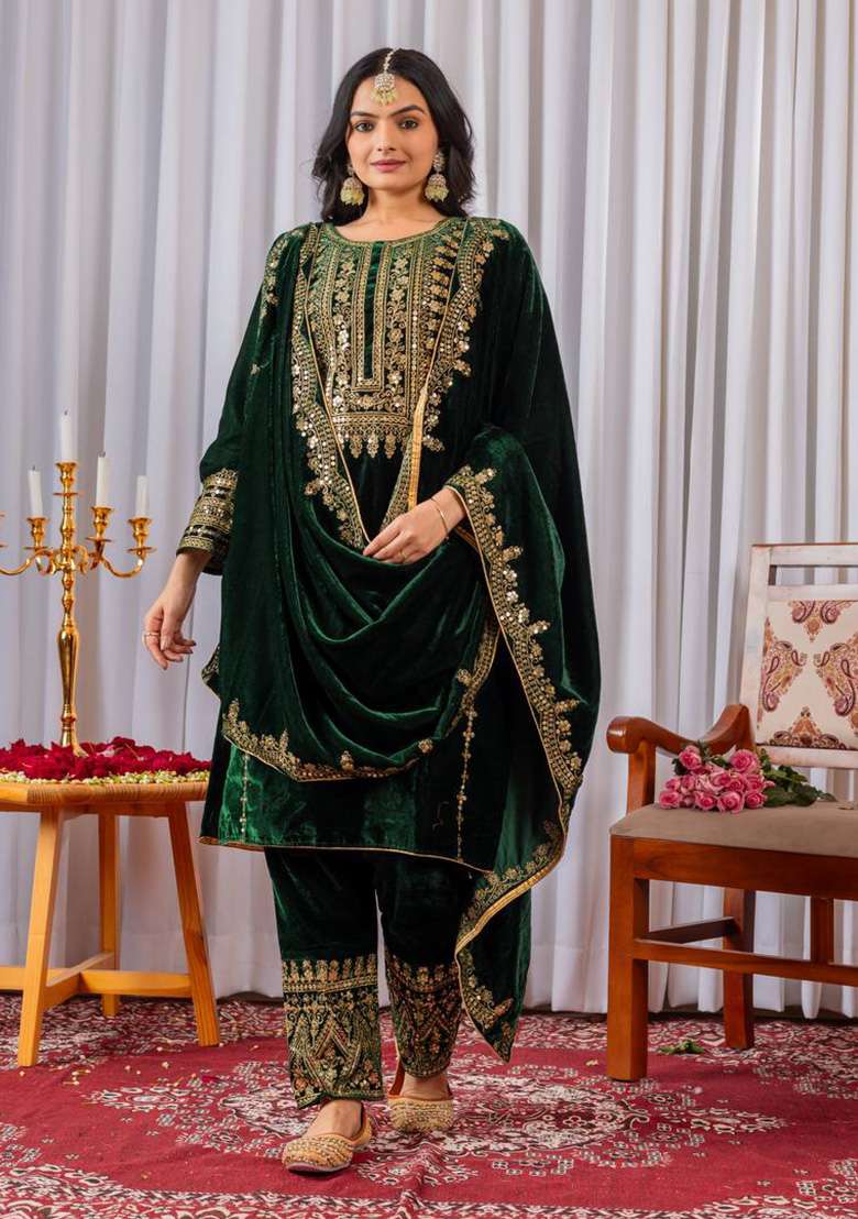 Green Embroidered Velvet Punjabi Suit - Indya