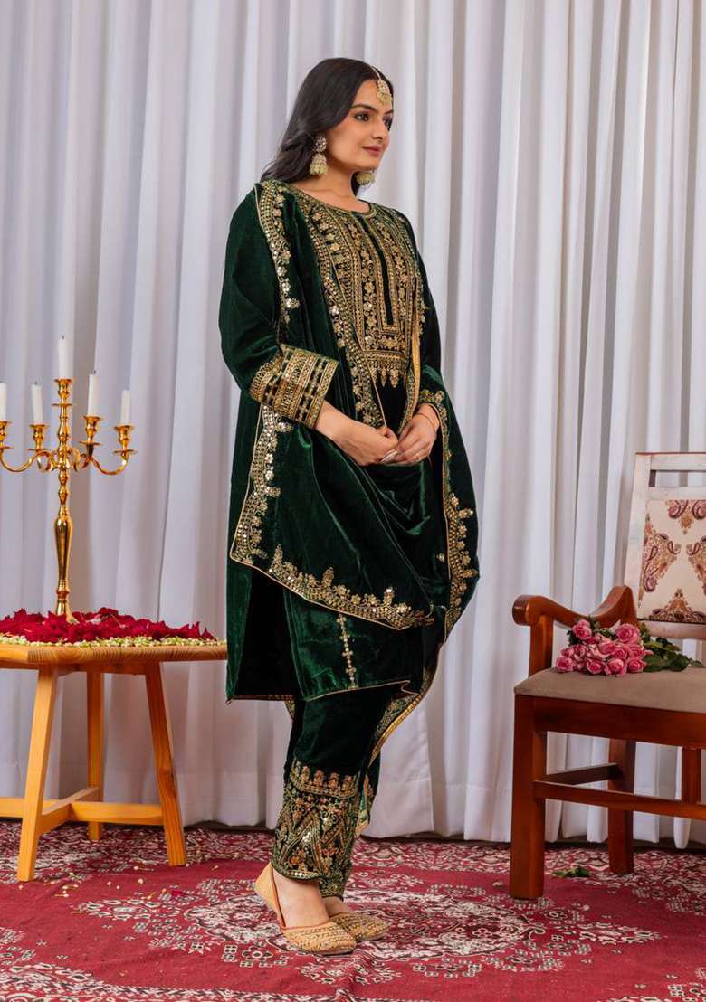 Green Embroidered Velvet Punjabi Suit - Indya