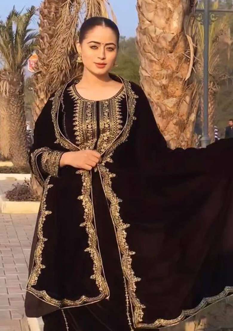 Brown Embroidered Velvet Pakistani Suit Set - Indya
