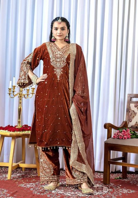 Brown Embroidery Velvet Salwar Kameez