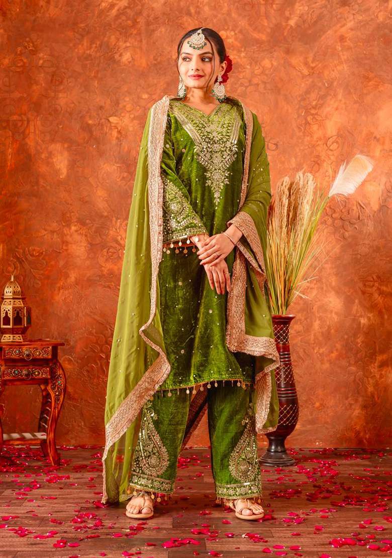Green Embroidered Velvet Sharara Set - Indya