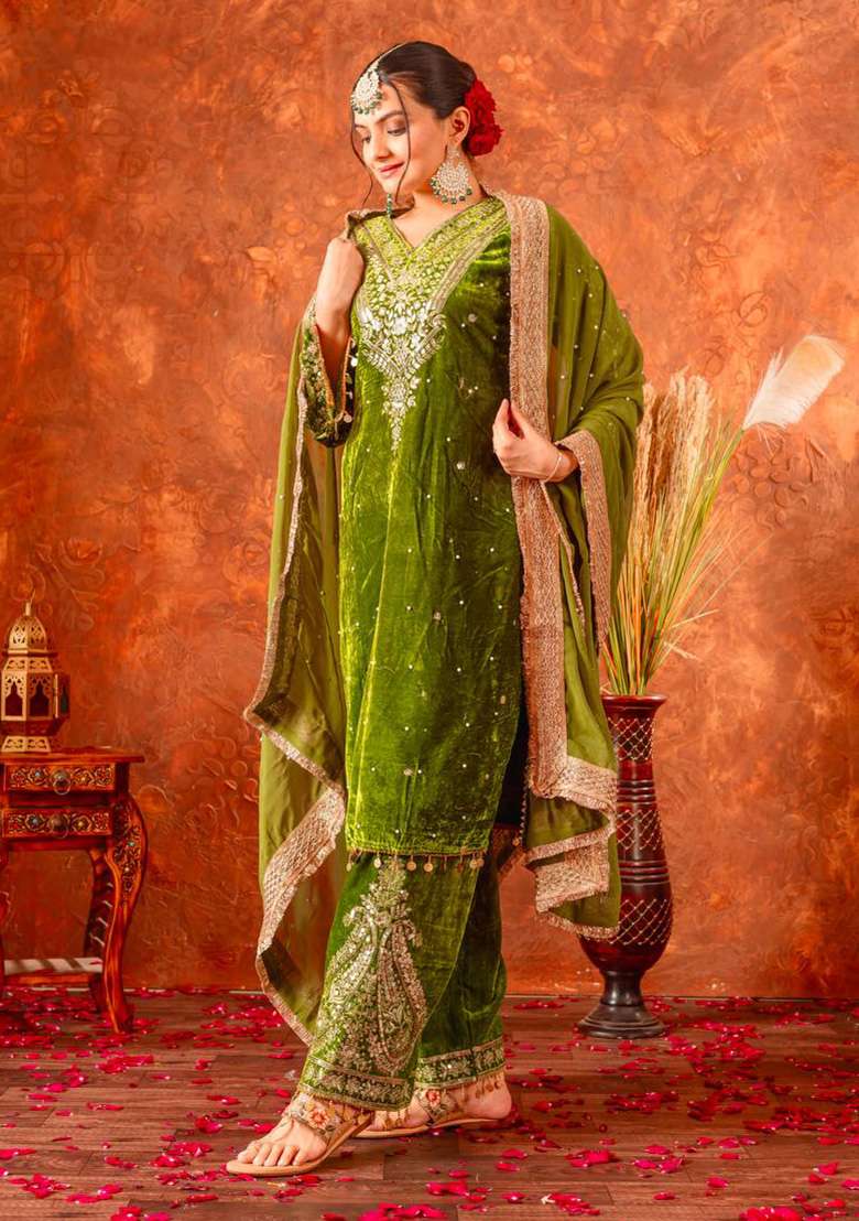 Green Embroidered Velvet Sharara Set - Indya