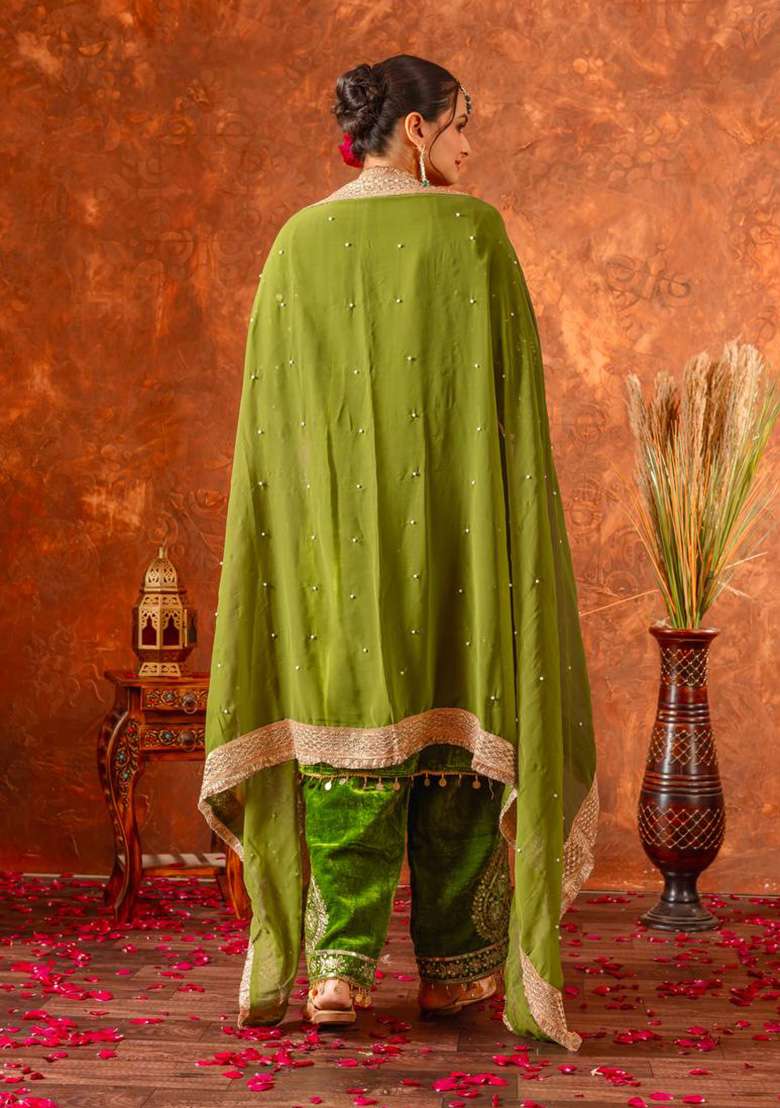 Green Embroidered Velvet Sharara Set - Indya