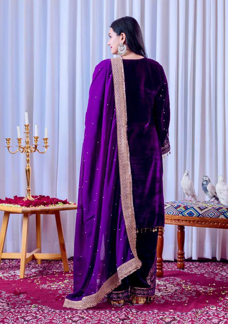 Purple Embroidered Velvet Straight Kurta Set - Indya