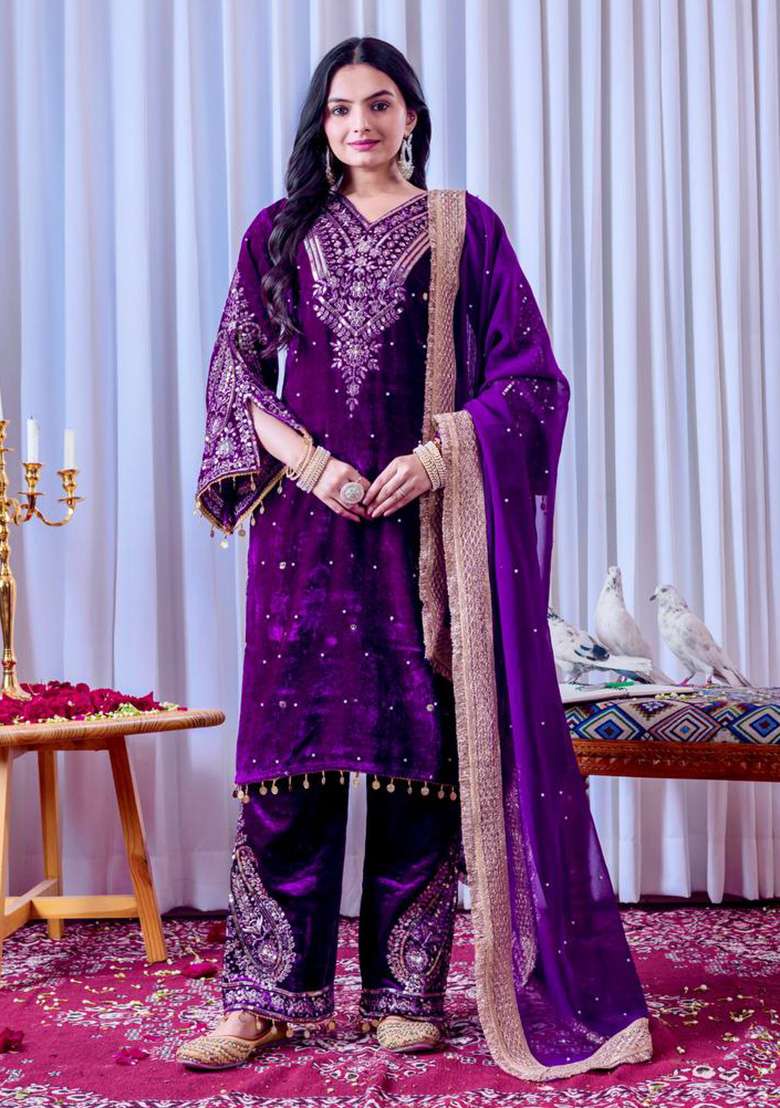 Purple Embroidered Velvet Straight Kurta Set - Indya