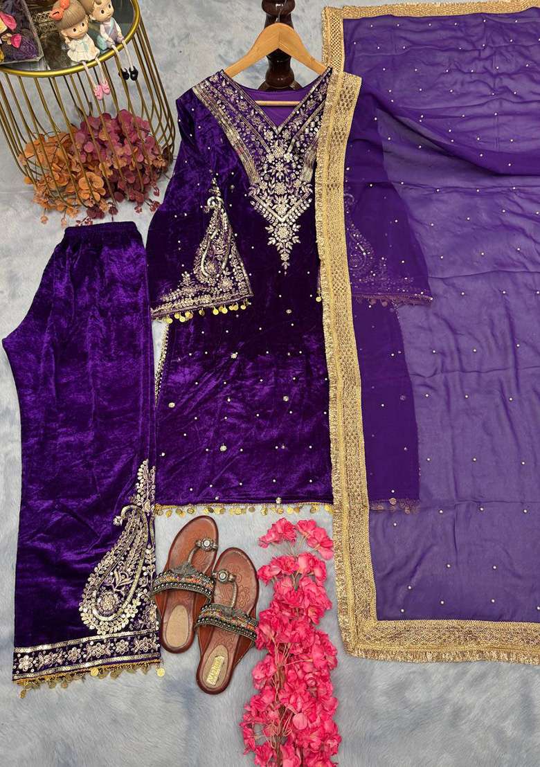 Purple Embroidered Velvet Straight Kurta Set - Indya