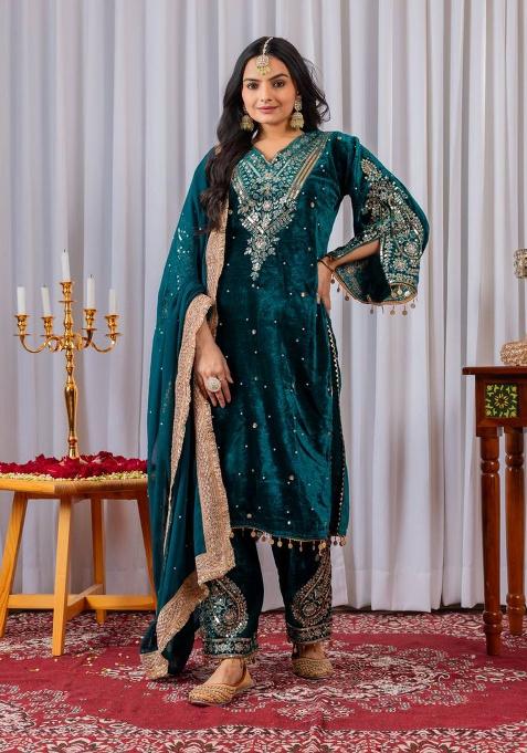 Rama Embroidery Velvet Salwar Kameez