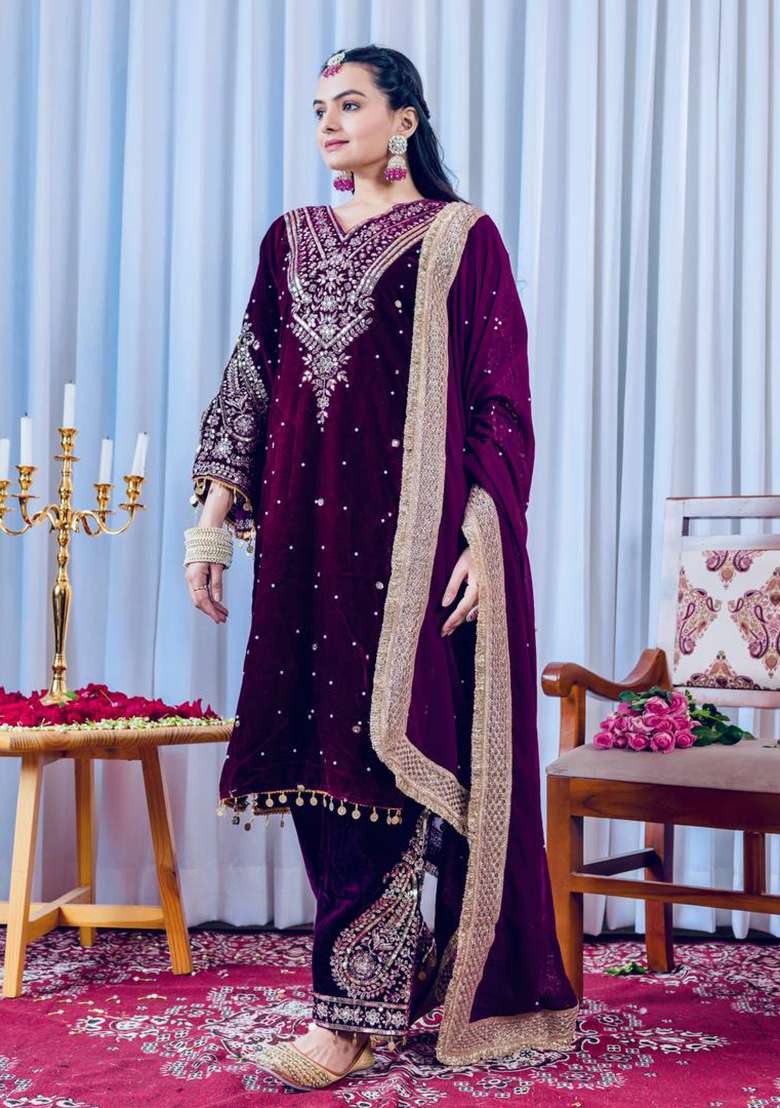 Dark Purple Embroidered Velvet Sharara Set - Indya