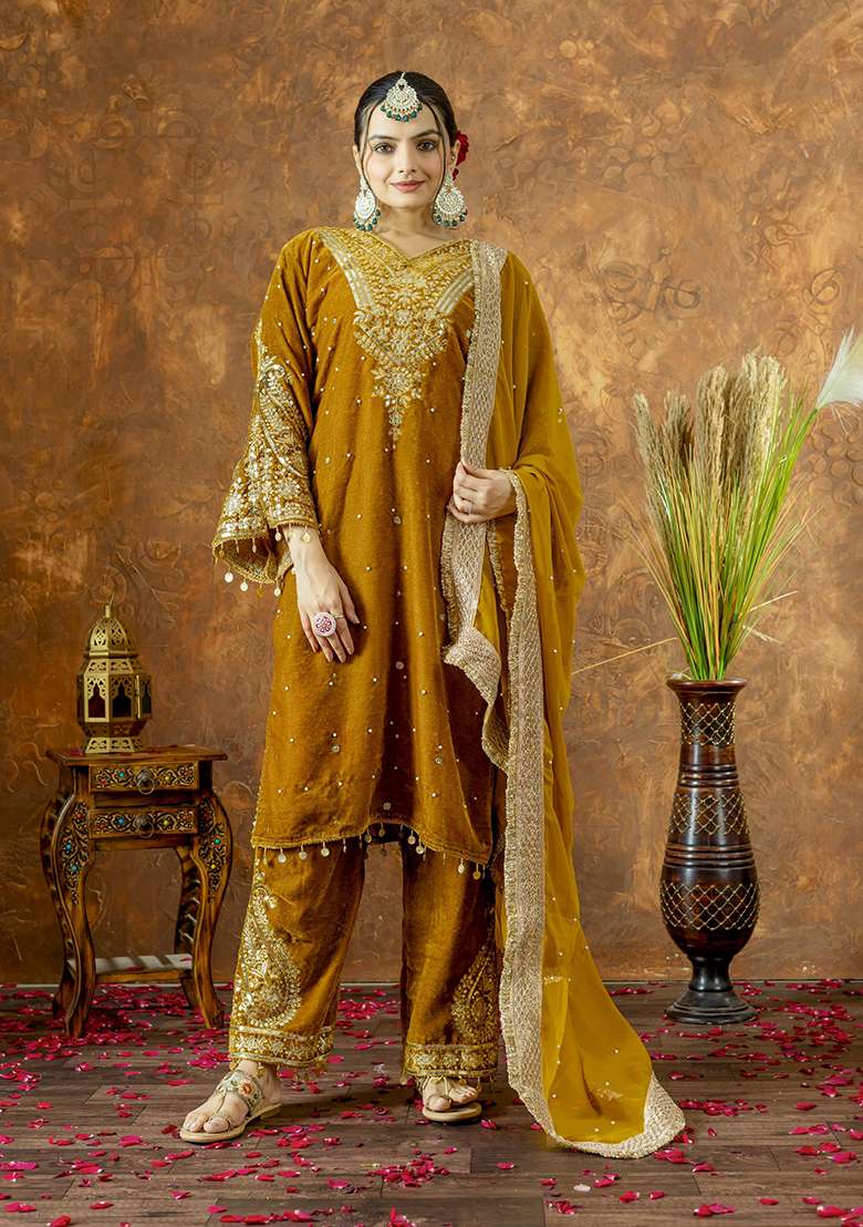 Musturd Embroidered Velvet Pakistani Suit Set - Indya