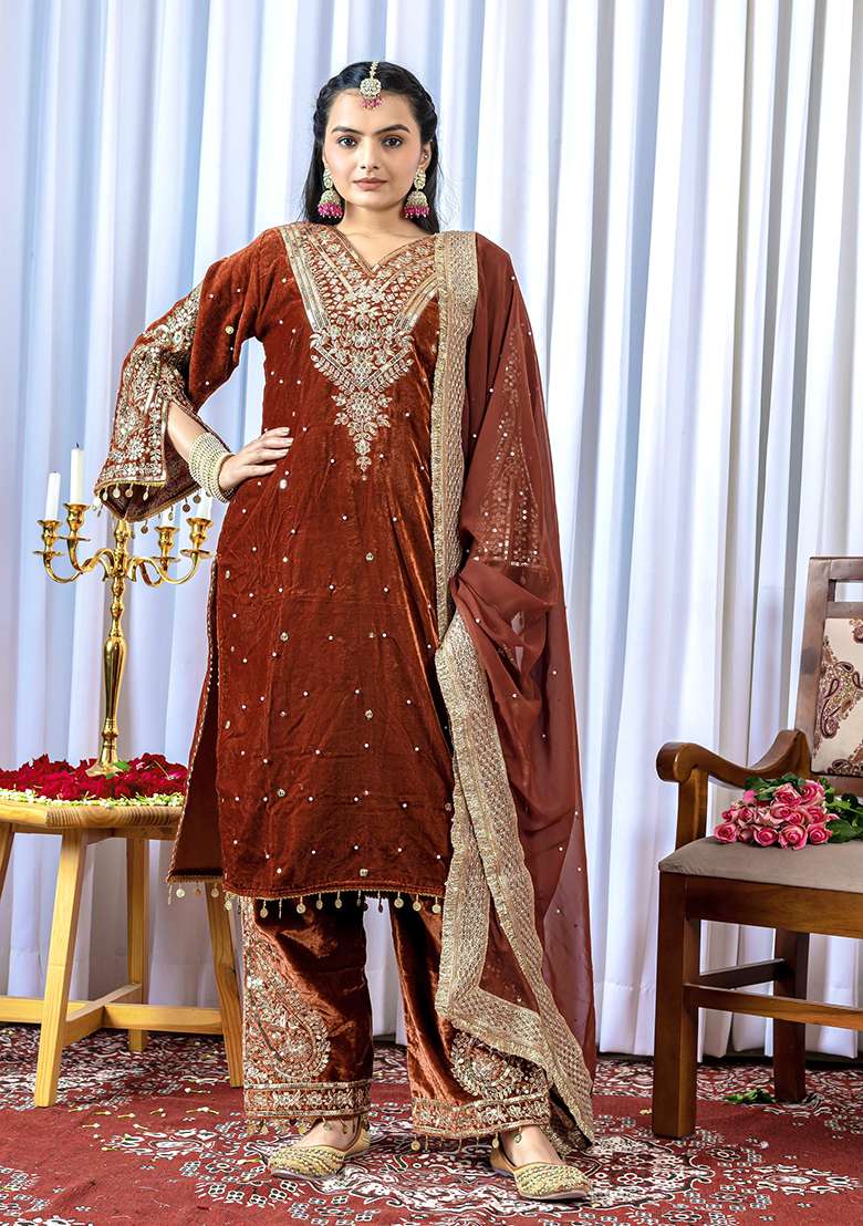 Rust Brown Embroidered Velvet Pakistani Suit Set - Indya