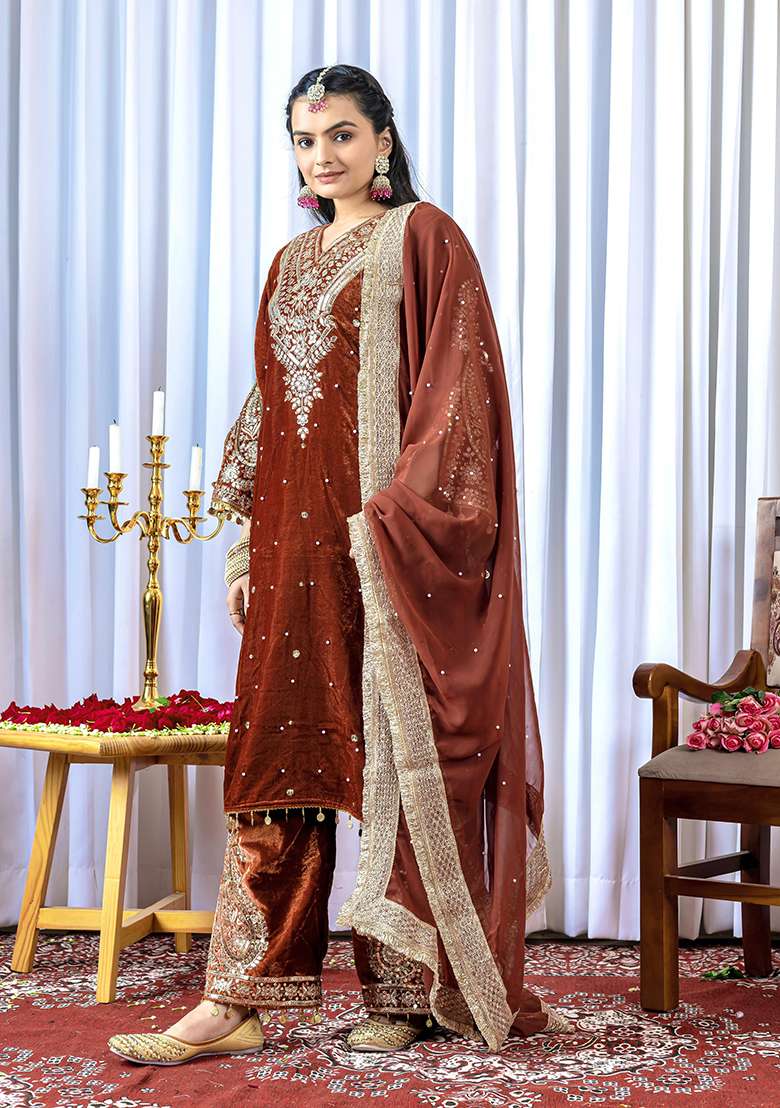 Rust Brown Embroidered Velvet Pakistani Suit Set - Indya