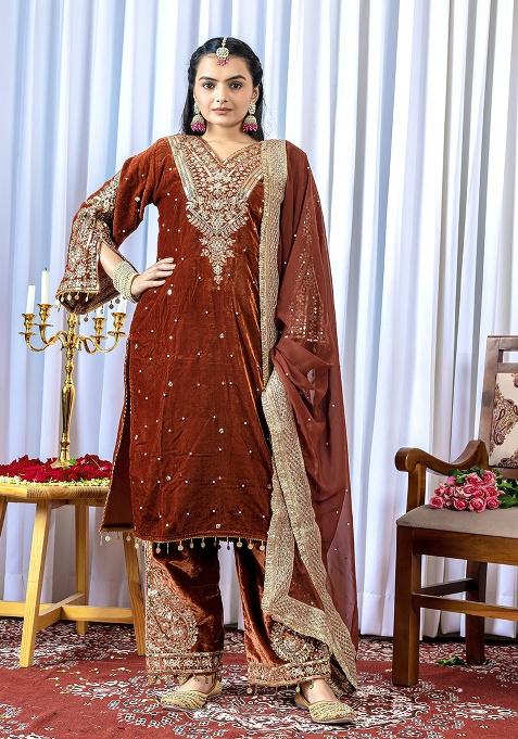 Rust Brown Embroidery Velvet Kurta Set