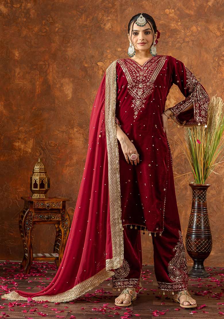 Deep Maroon Embroidered Velvet Pakistani Suit Set - Indya