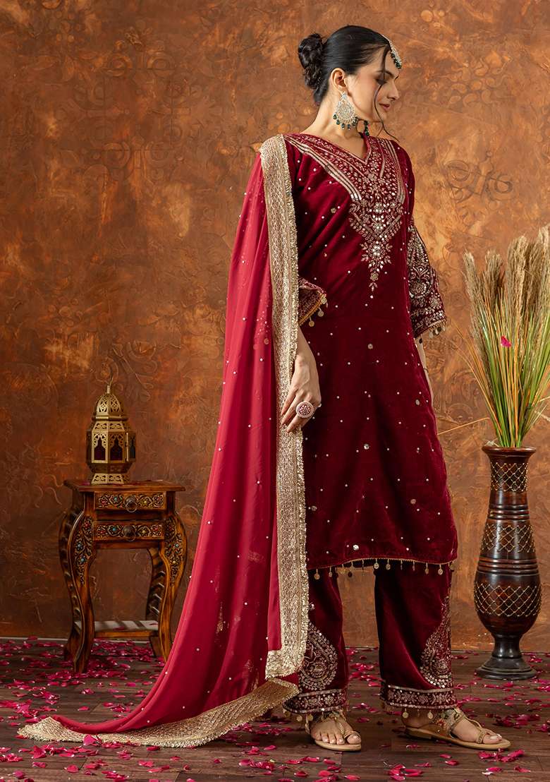 Deep Maroon Embroidered Velvet Pakistani Suit Set - Indya