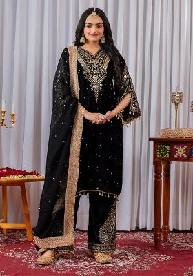 Black Embroidery Velvet Kurta Set