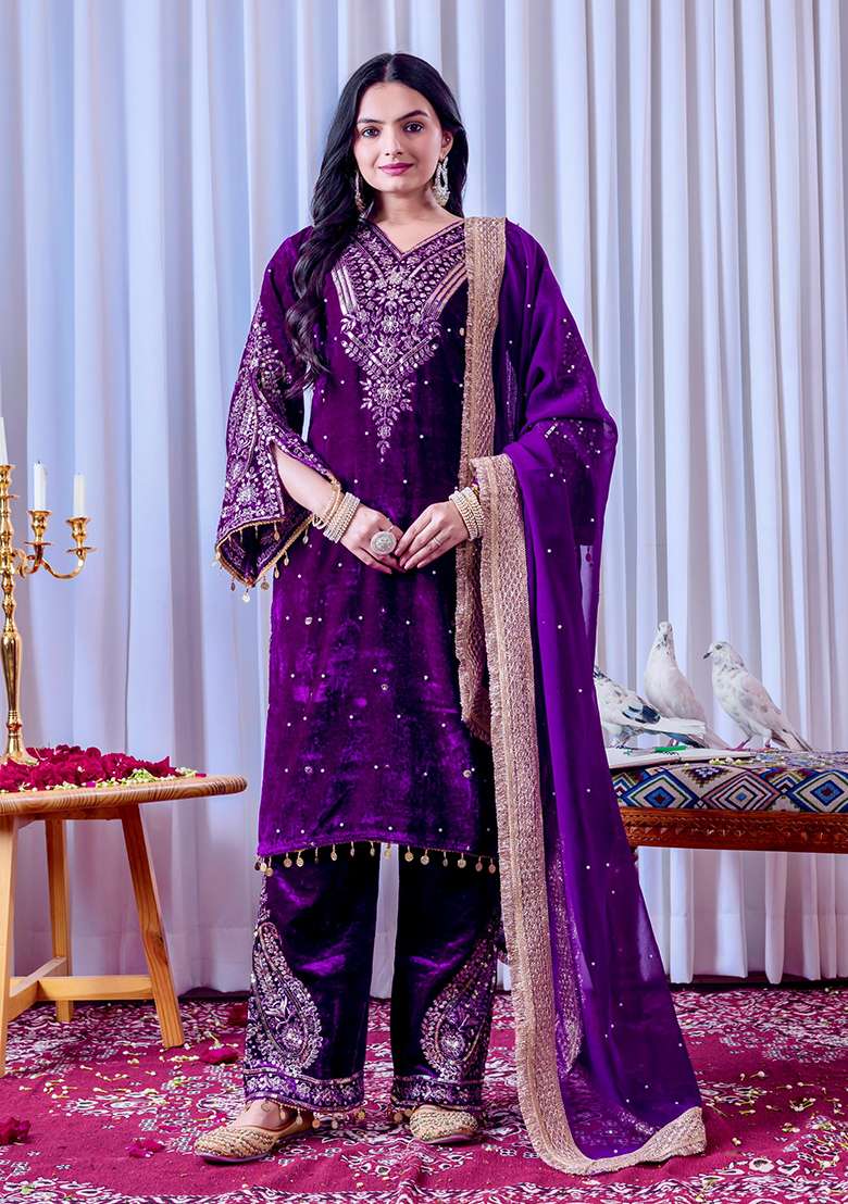 Royal Purple Embroidery Velvet Kurta Set - Indya