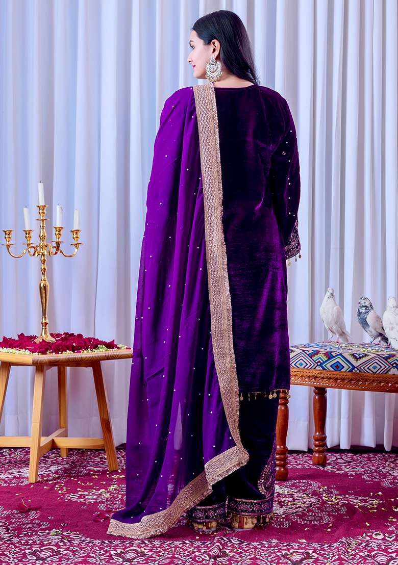 Royal Purple Embroidery Velvet Kurta Set - Indya