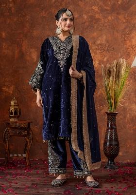 Deep Navy Blue Embroidery Velvet Kurta Set
