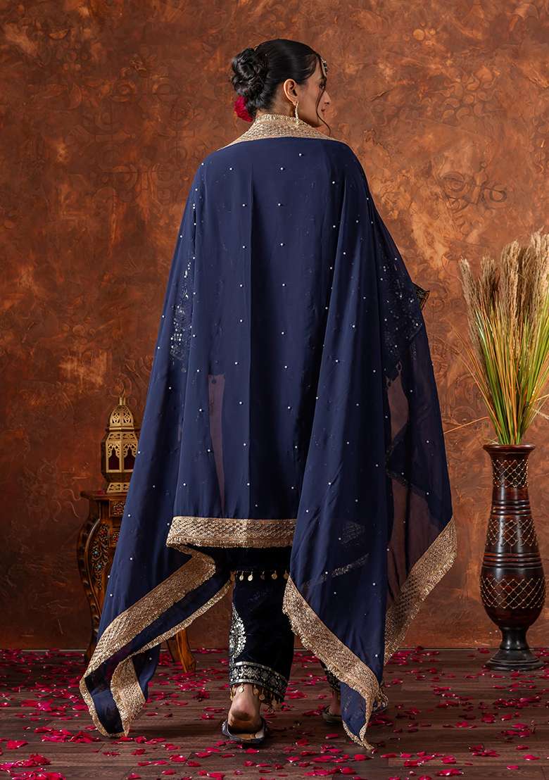 Deep Navy Blue Embroidered Velvet Pakistani Suit Set - Indya