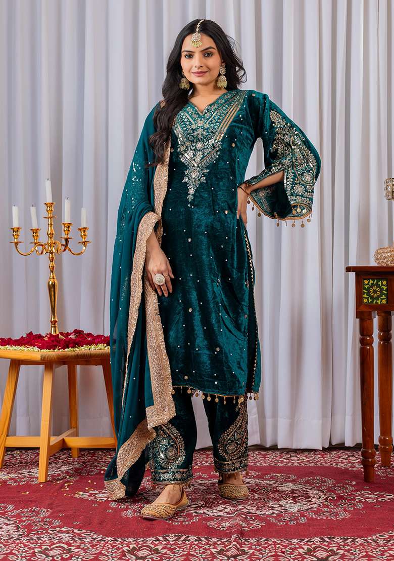 Deep Teal Embroidered Velvet Straight Kurta Set - Indya