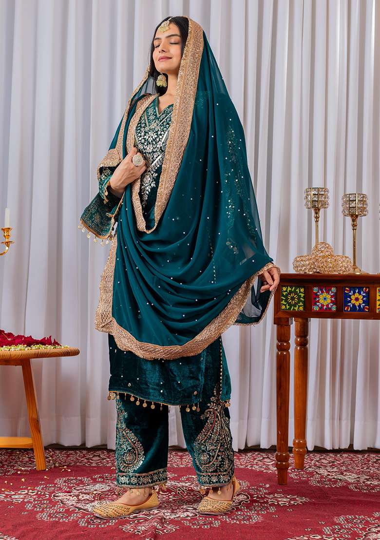 Deep Teal Embroidered Velvet Straight Kurta Set - Indya