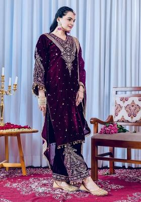 Deep Plum Embroidered Velvet Sharara Set