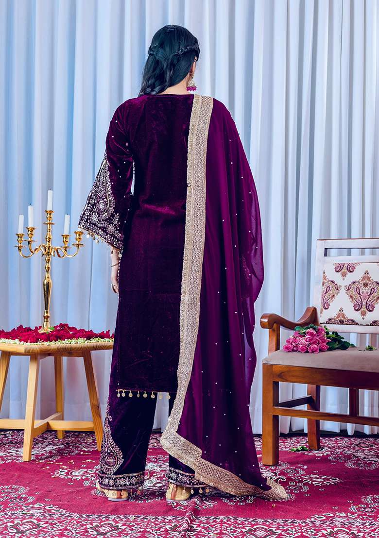 Deep Plum Embroidered Velvet Sharara Set - Indya