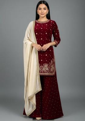 Deep Maroon Embroidery Velvet Kurta Set