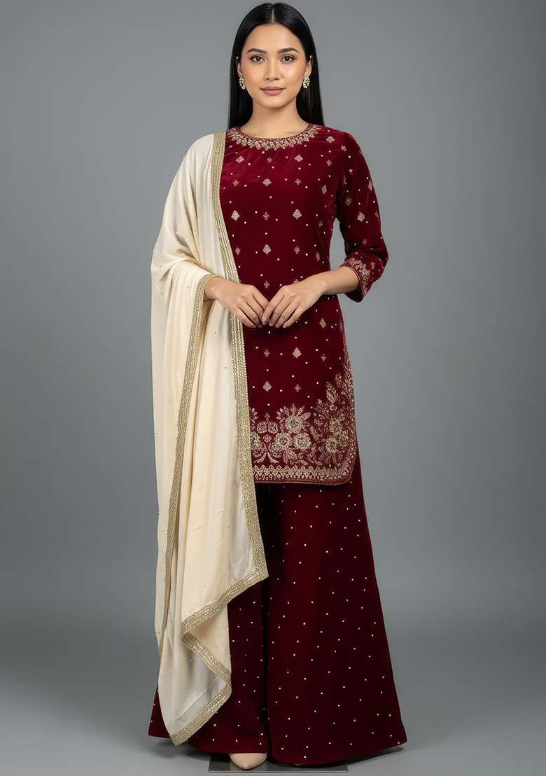 Deep Maroon Embroidered Velvet Sharara Set - Indya