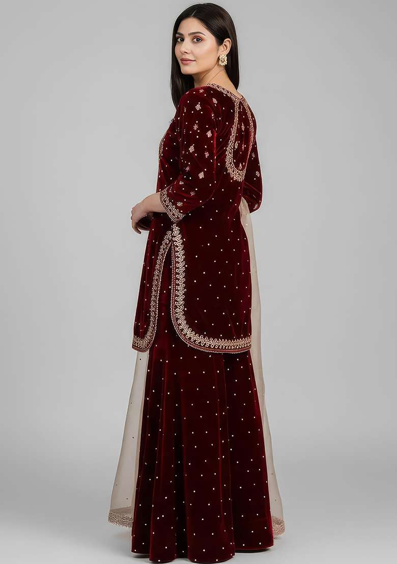 Deep Maroon Embroidered Velvet Sharara Set - Indya