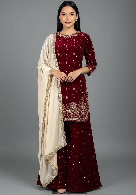 Deep Maroon Embroidery Velvet Kurta Set