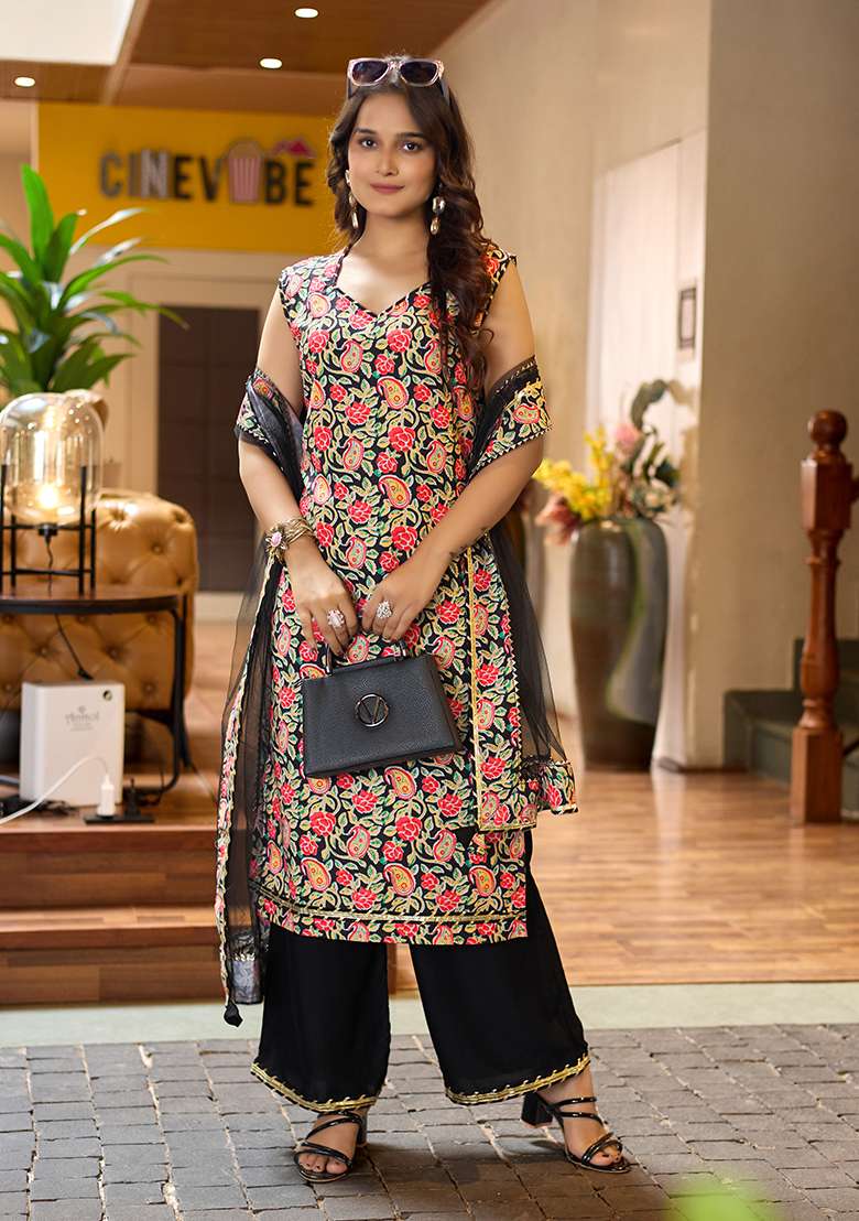 Black Embroidered Net Straight Kurta Set - Indya