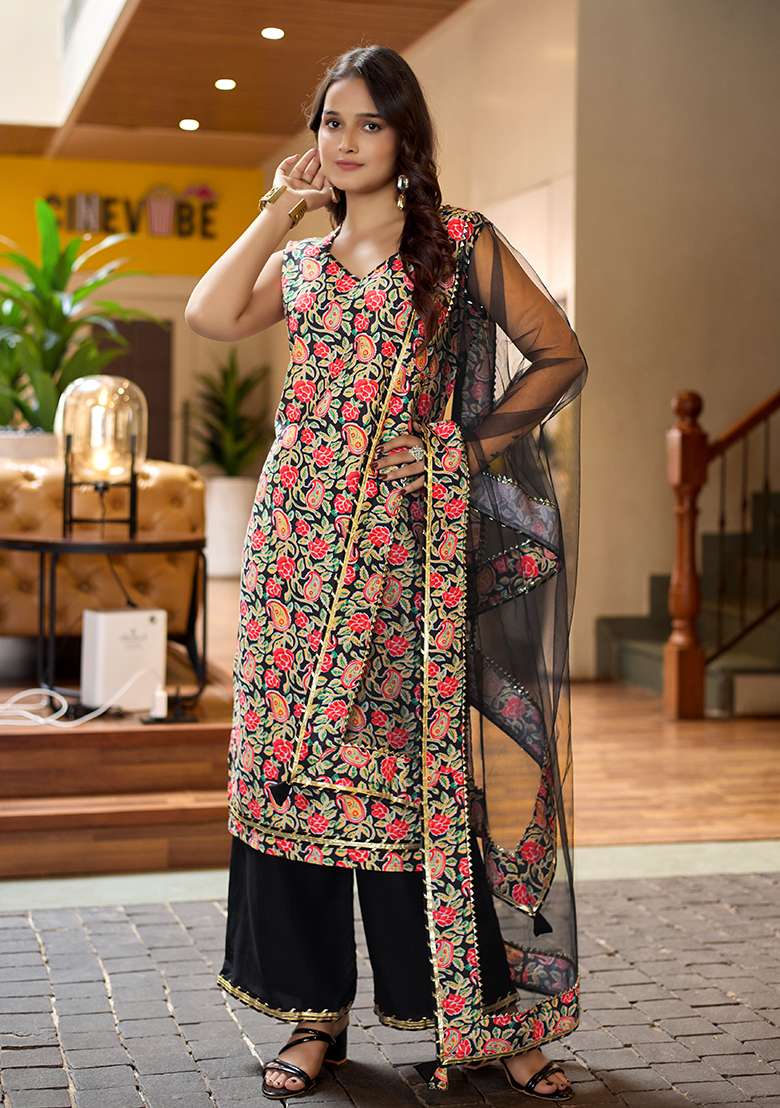 Black Embroidered Net Straight Kurta Set - Indya