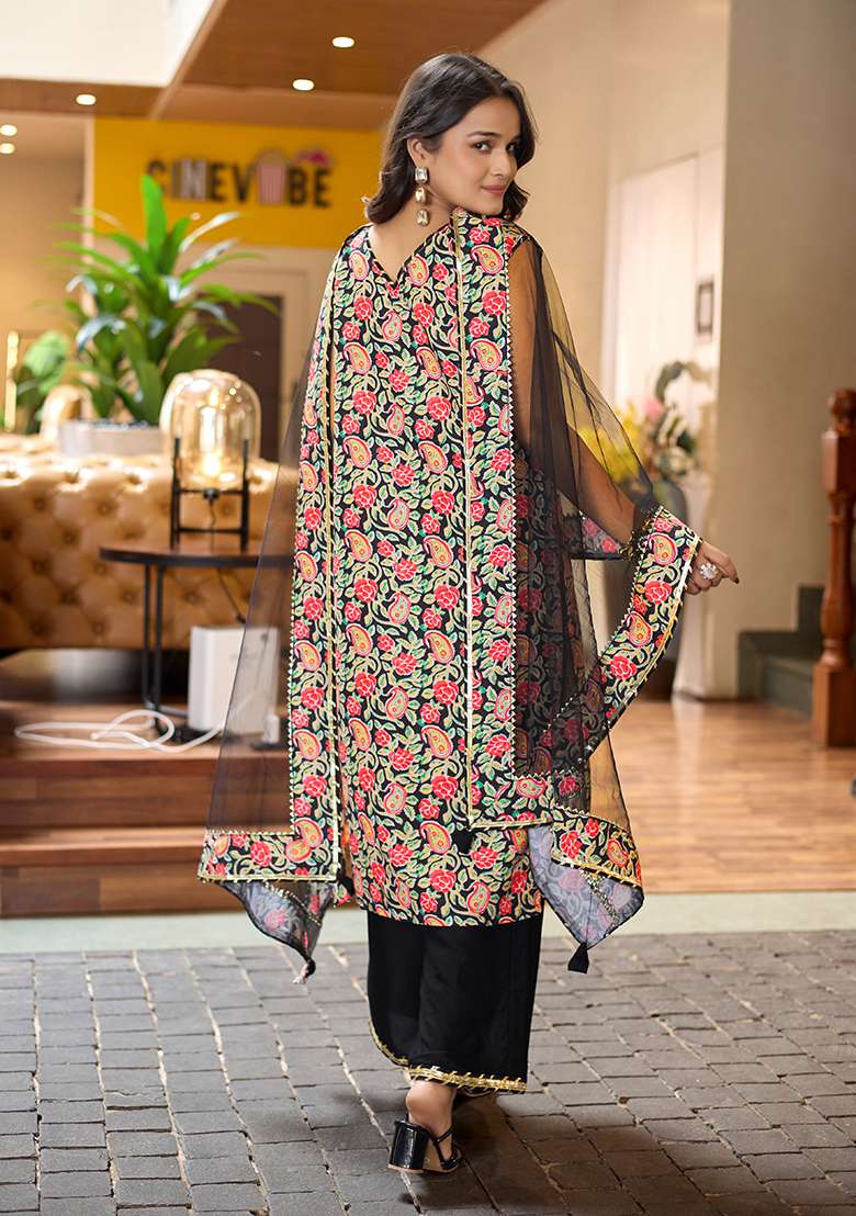 Black Embroidered Net Straight Kurta Set - Indya