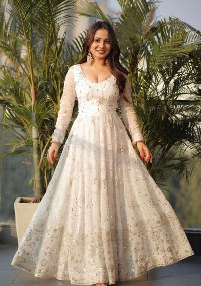White Sequin Work Georgette Gown - Indya