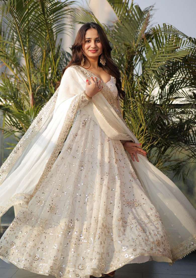 White Sequin Work Georgette Gown - Indya