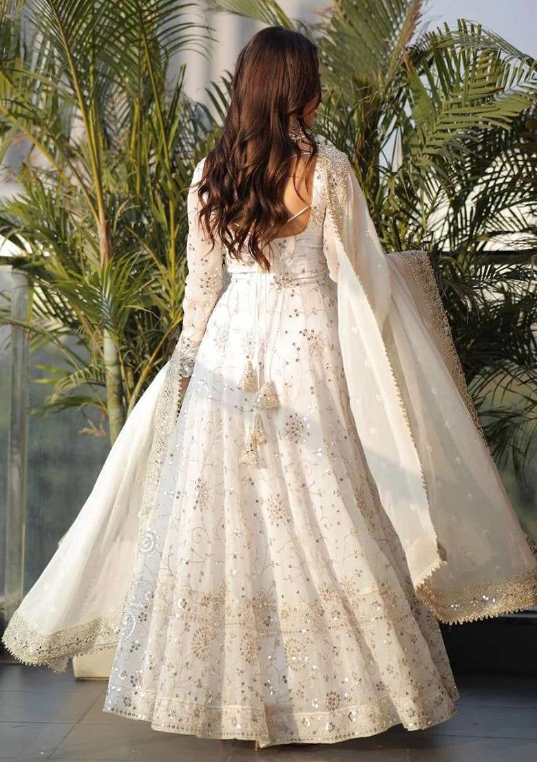 White Sequin Work Georgette Gown - Indya