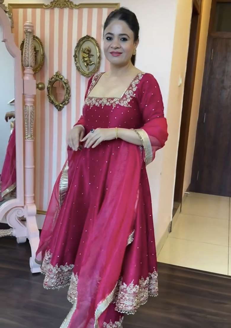 Pink Embroidered Silk Blend Anarkali - Indya