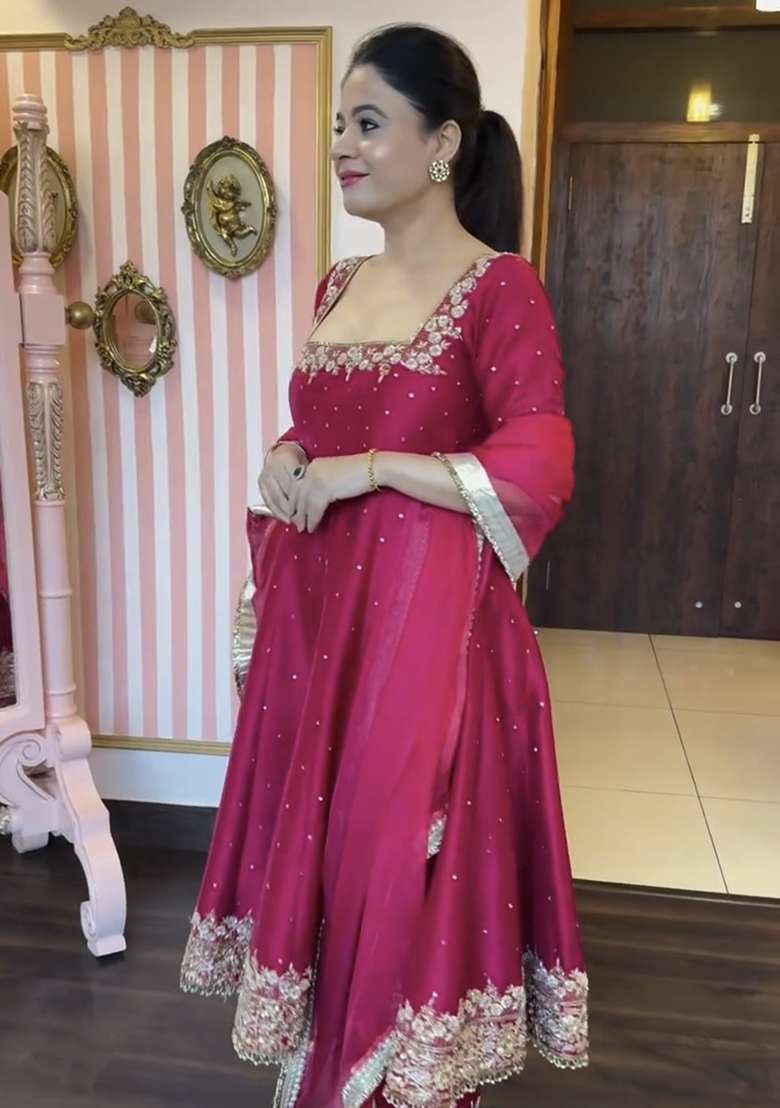 Pink Embroidered Silk Blend Anarkali - Indya