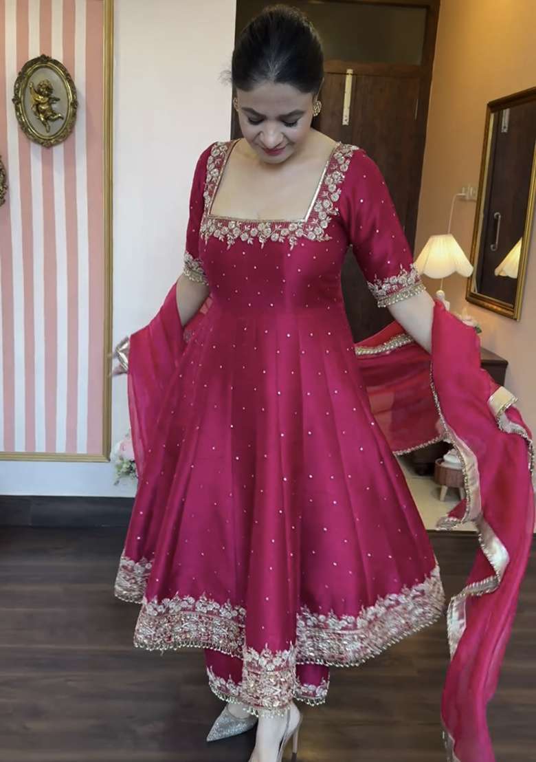 Pink Embroidered Silk Blend Anarkali - Indya